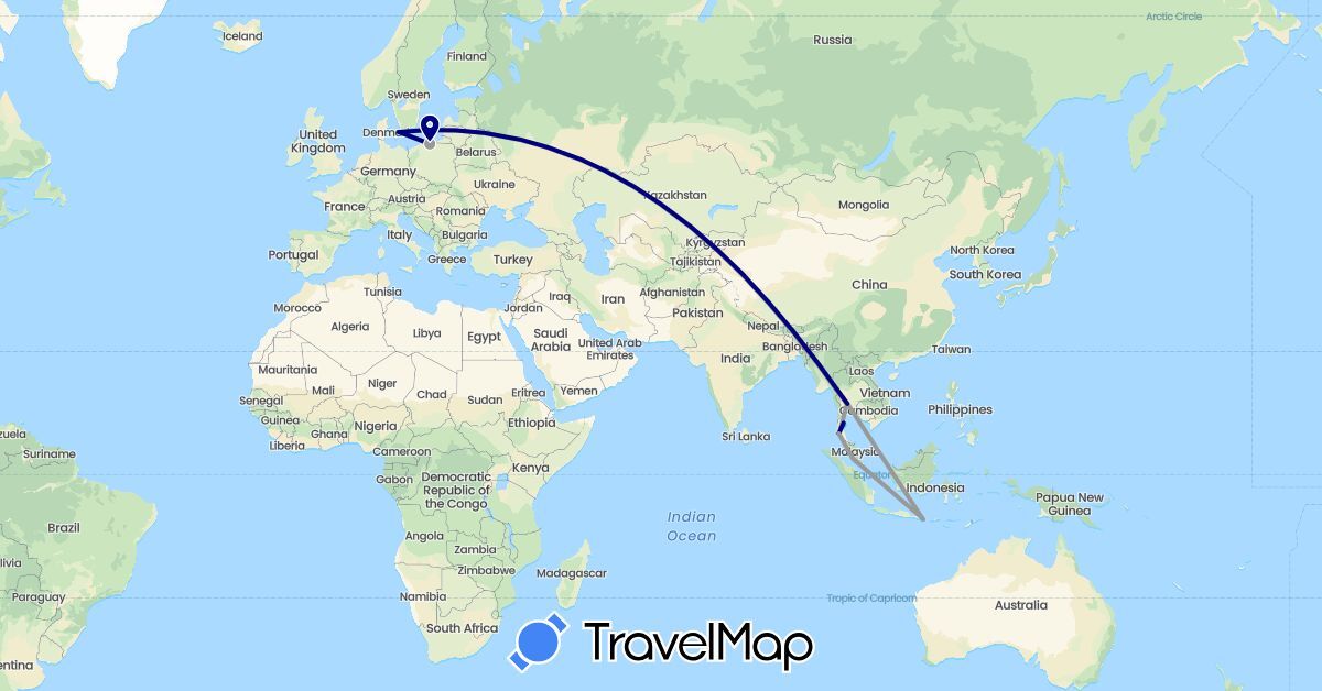 TravelMap itinerary: driving, plane, boat in Denmark, Indonesia, Malaysia, Poland, Thailand (Asia, Europe)